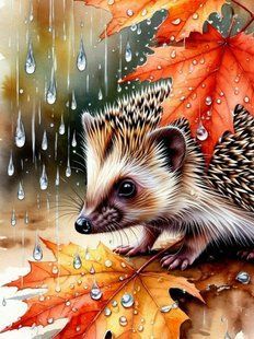 Алмазная мозаика (вышивка) Ёжик под осенним дождем, 30&times;40 см, полная выкладка, квадратные камни, без подрамника AS35288 фото